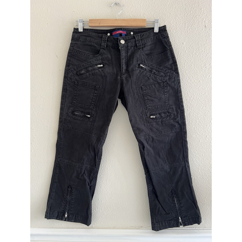 Vintage BCBGMaxAzria Y2K Black Denim Cargo Crop Pants 6 Biker Zipper Grunge Goth